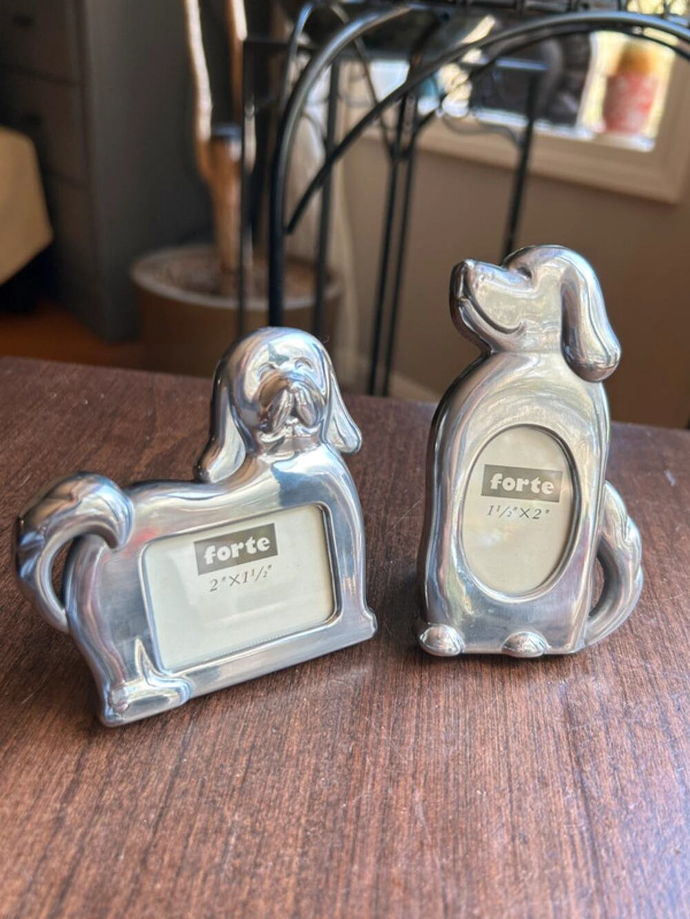 2 vintage Forte brand dog-shaped picture frames silver metal